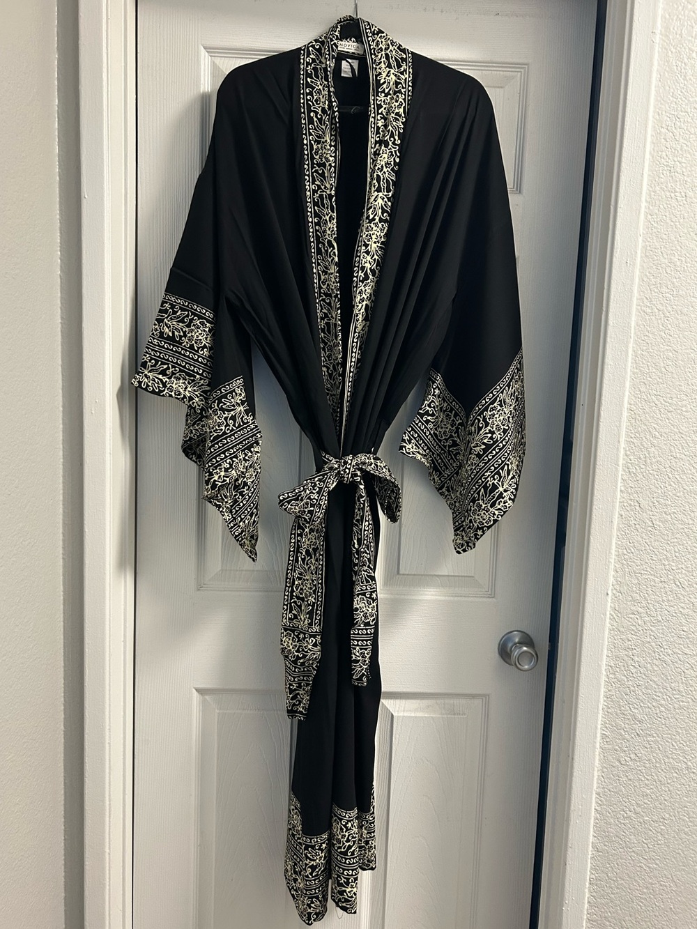 Novica Black Kimono Robe with Cream Paisley Trim